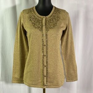 NWT Jaclyn Smith Metallic Gold Hand Beaded Long Sleeve Button Front Cardigan